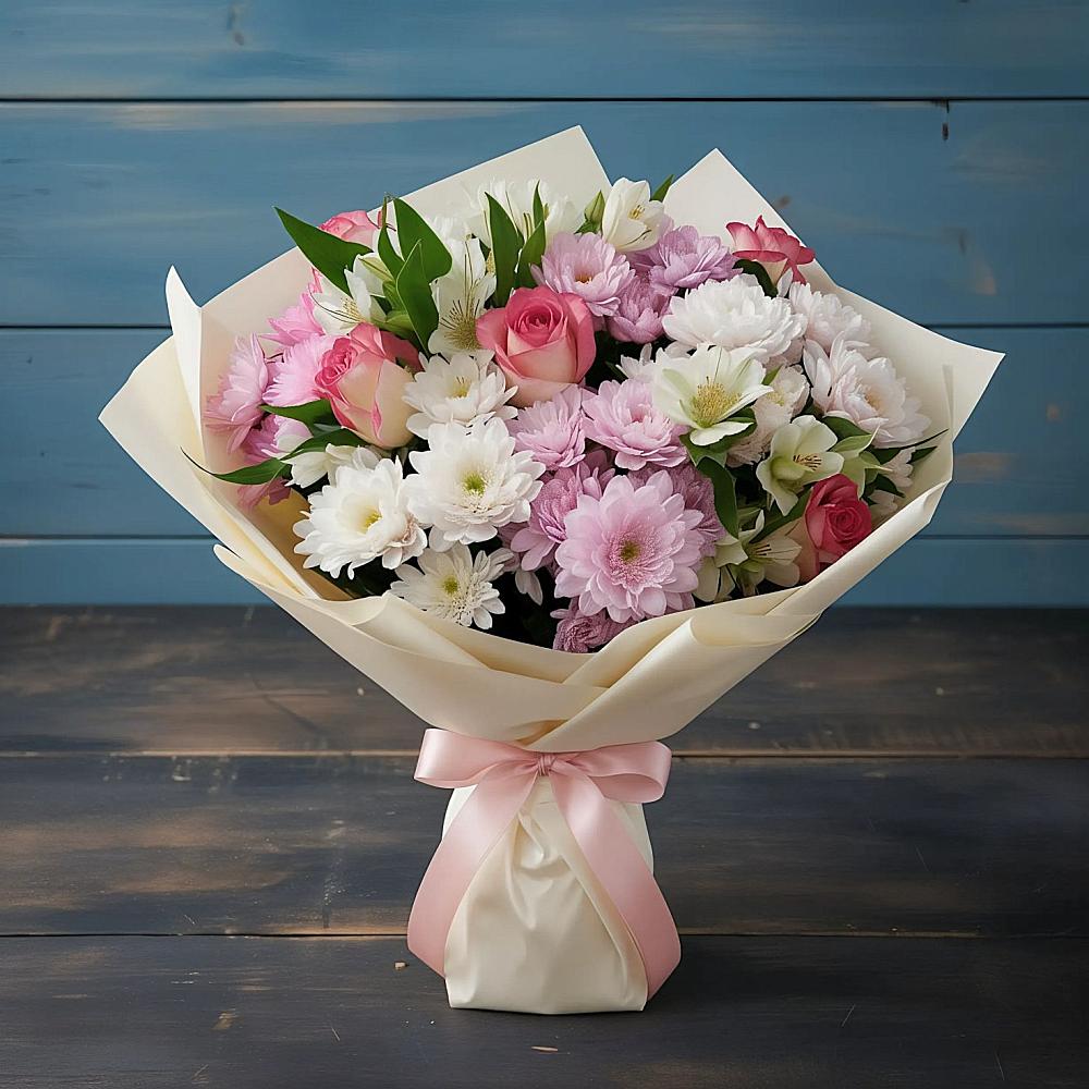 Букет цветов из: Хризантемы, Альстромерии и Розы в Соколовом